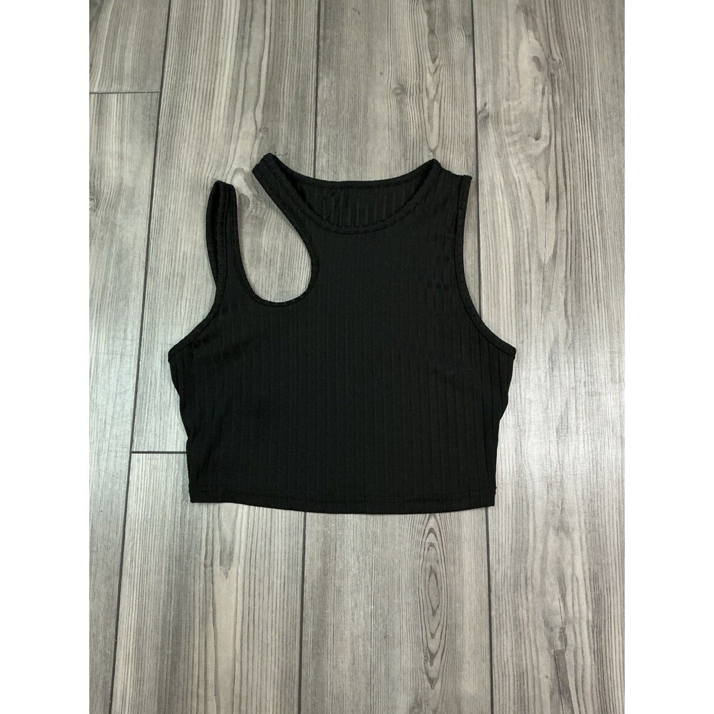 Black Cutout Shoulder Ribbed Crop Top High Neck Sleeveless Tank Top Y2K